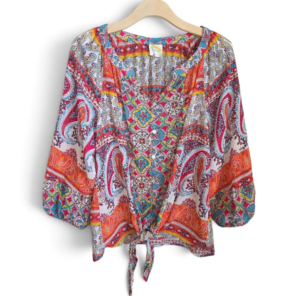 Fig & Flower Top Womens XL Paisley Tie Front Blouse Boho Peasant 3/4 Sleeve